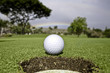 Golf ball at hole. Rainbow and trees in the background. Golf ball at hole. Rainbow and trees in the background.