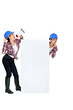 twin sisters with hard hat and loudspeaker