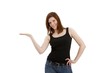 young woman pointing (white background)