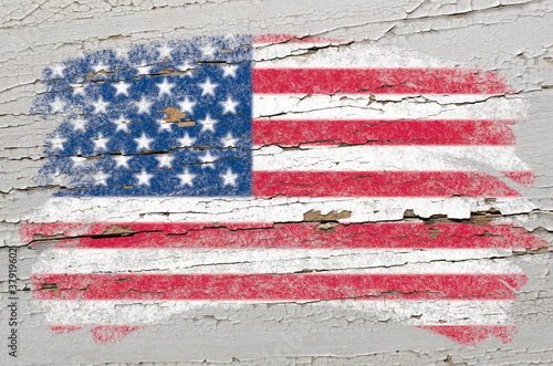 Photo: flag of USA on grunge wooden texture painted with chalk flag of USA on grunge wooden texture painted with chalk