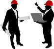business people with hardhat holding laptop and plans