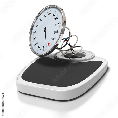 Illustration: broken bathroom scales, overweight concept obesity broken bathroom scales, overweight concept obesity