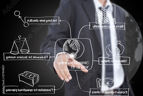 Photo: Businessman pushing business strategic planning. Businessman pushing business strategic planning.