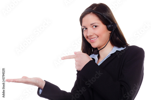 Photo: frau mit headset gibt hinweis frau mit headset gibt hinweis