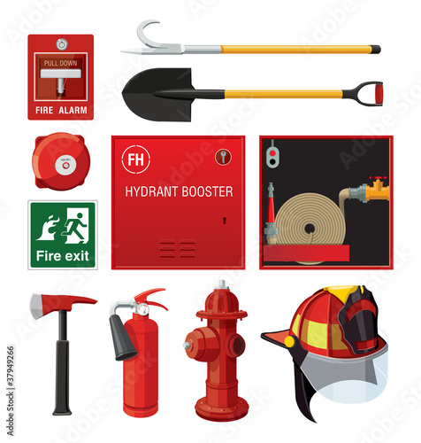 Vector: Set of firefighting equipment. Isolated on white background. Set of firefighting equipment. Isolated on white background.