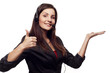 Woman operator with headset showing hand ok sign