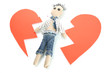 Voodoo doll boy on the broken heart isolated on white