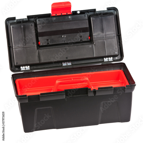 Photo: Red and black plastic toolbox with transparent cover and open li Red and black plastic toolbox with transparent cover and open li