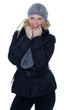 Blonde Frau und graue Mütze
