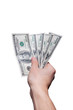Hand offering five hundred US dollar banknotes on white