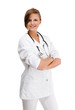 Young female doctor standing isolated on white background