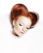 Dreamy cute - red head freckled girl with pearly necklace