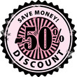 Stamp with 50% and the text discount, save money inside, vector