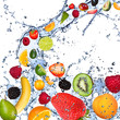 Fruits falling in water splash, isolated on white background