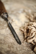 a work table of a carpenter with a gouge and a pile of wood chip