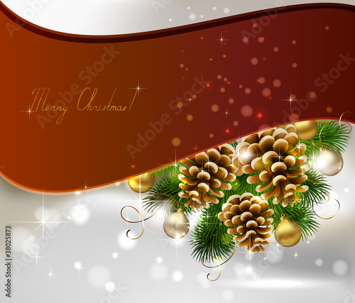 Vector: Christmas background with fir tree, cones and evening balls Christmas background with fir tree, cones and evening balls