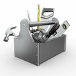 Toolbox with tools. Skrewdriver, hammer, handsaw and wrench.