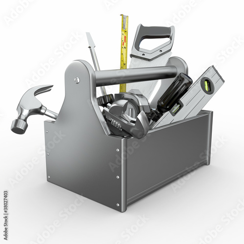 Illustration: Toolbox with tools. Skrewdriver, hammer, handsaw and wrench. Toolbox with tools. Skrewdriver, hammer, handsaw and wrench.