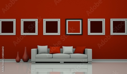 Illustration: Wohndesign - Sofa vor Bilderwand rot Wohndesign - Sofa vor Bilderwand rot