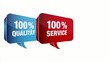 100% Qualität/Service/Kompetenz Sprechblasen blau/rot/grün