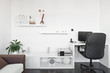Modern living room with computer desk and the screen