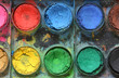 Very old used water color paint box top down view