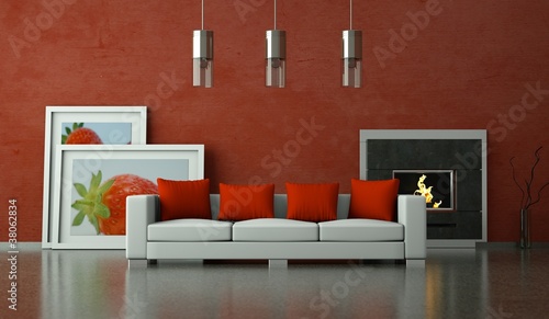 Illustration: Wohndesign - Sofa vor Kamin rot Wohndesign - Sofa vor Kamin rot