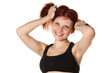 Cheerful girl in black sports lingerie.
