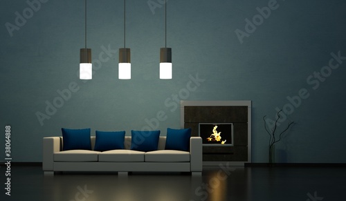 Illustration: Wohndesign - Sofa vor Kamin blau Wohndesign - Sofa vor Kamin blau