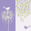 Two pretty love birds and flowery branches. Vector illustration.