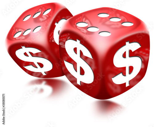 Illustration: Pair of red dice with six and dollar sign on white background Pair of red dice with six and dollar sign on white background