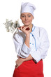 happy woman- chef with knife and money