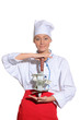 happy woman- chef with knife and money