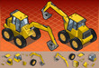 isometric yellow excavator in two position isometric yellow excavator in two position