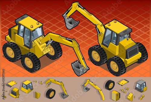 Vector: isometric yellow excavator in two position isometric yellow excavator in two position