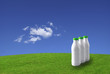 Three milk bottles on green grass against a blue sky