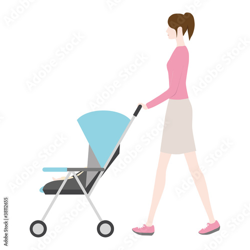 Illustration: ベビーカーを押す女性 ベビーカーを押す女性