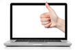 Photo: Laptop with blank screen and OK hand isolated on white Laptop with blank screen and OK hand isolated on white