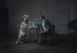 Young couple drinking coffee in an old castle
