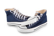 Pair of new blue sneakers on white background