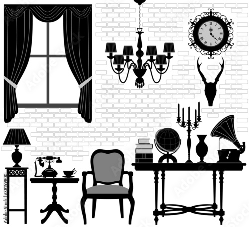 Vector: Old Grandfather Room Antique Retro Living Hall Furniture Old Grandfather Room Antique Retro Living Hall Furniture
