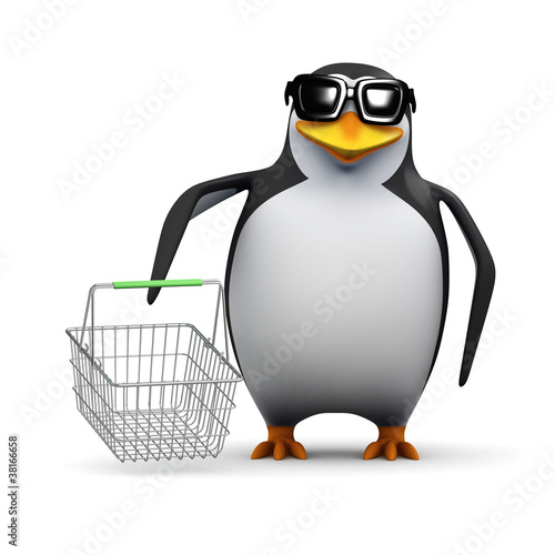 Illustration: 3d Penguin shops for bargains in the sales 3d Penguin shops for bargains in the sales