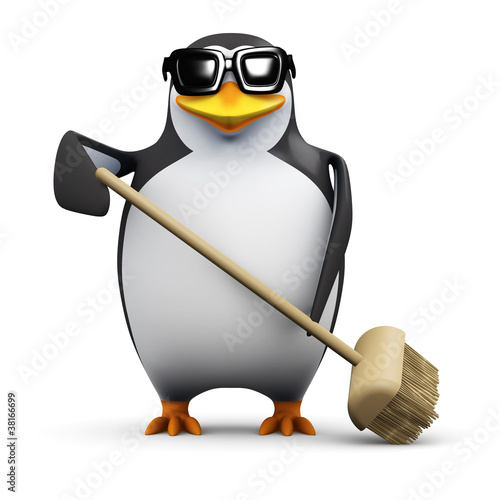 Illustration: 3d Penguin sweeps up the mess with a broom 3d Penguin sweeps up the mess with a broom
