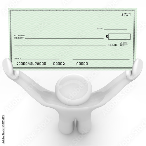 Illustration: Person Holding Large Blank Check Wealthy Payout Person Holding Large Blank Check Wealthy Payout