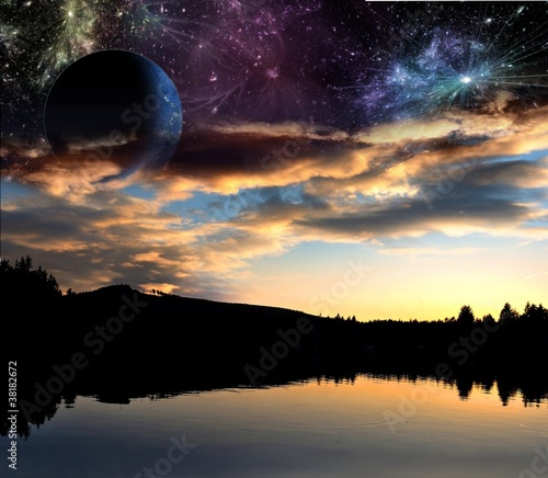 Fantasy landscape in the sun set