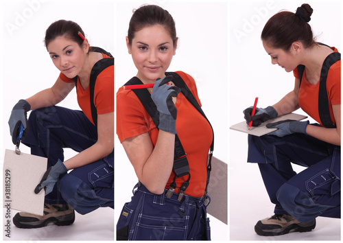 Photo: young craftswoman wearing blue trousers young craftswoman wearing blue trousers