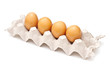 Brown eggs in a carton package on white background