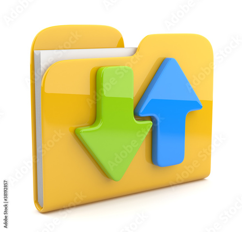 Illustration: Folder and arrow. 3D icon. Date downloading. Isolated on white Folder and arrow. 3D icon. Date downloading. Isolated on white