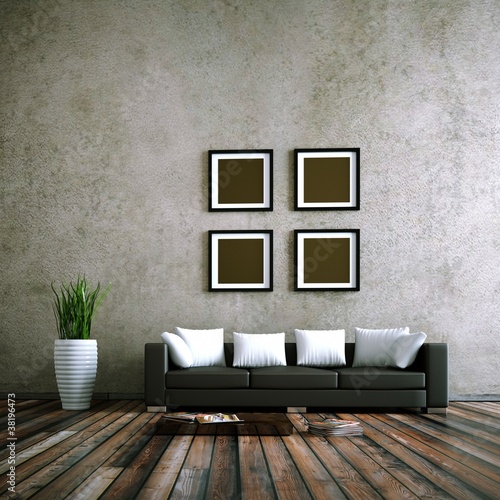 Photo: Wohndesign - schwarzes Ledersofa vor Betonwand Wohndesign - schwarzes Ledersofa vor Betonwand