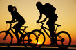 Young couple riding bicycles at sunset